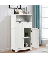 Gymax Bathroom Floor Cabinet Wooden Storage Organizer Side Cabinet W/2 Drawer 2 Doors