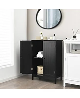 Gymax Bathroom Floor Storage Cabinet Double Door Kitchen Cupboard Shoe Brown