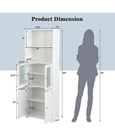 Gymax Bathroom Tall Storage Cabinet Linen Tower w/ Glass Door & Adjustable Shelf Grey