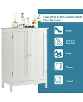 Gymax Bathroom Floor Storage Cabinet Double Door Kitchen Cupboard Shoe Brown