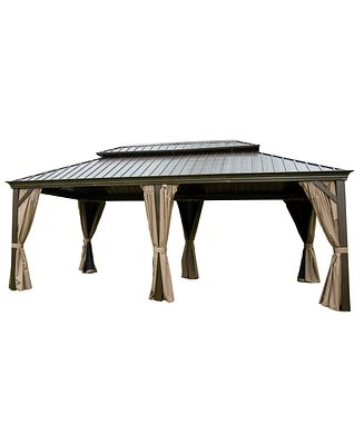 Outdoor Living 14x20FT Hardtop Gazebo, Permanent Metal Gazebo with Galvanized Steel Double Roof and Aluminum Frame, Curtain and Netting, Large Pavilio