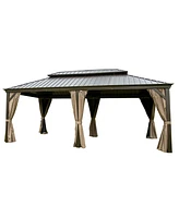 Outdoor Living 14x20FT Hardtop Gazebo, Permanent Metal Gazebo with Galvanized Steel Double Roof and Aluminum Frame, Curtain and Netting, Large Pavilio