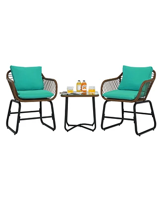 3PCS Patio Rattan Bistro Set Cushioned Chair Glass Table Deck