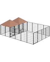 PawHut Dog Kennel Outdoor with Rotating & Adjustable Height Bowls, 2 Rooms