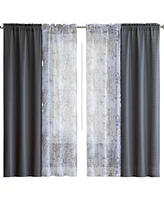 Kate Aurora Gray 4 Piece Rod Pocket Semi Sheer Floral Window Curtain Panel Set