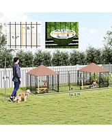 PawHut Dog Kennel Outside with 2 Rooms, Rotating & Adjustable Height Bowls