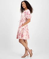 julia jordan Women's Printed Short-Bubble-Sleeve Tie-Waist Dress