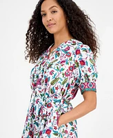 julia jordan Women's Printed Tie-Neck Short-Puff-Sleeve Dresss