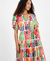 julia jordan Women's Printed V-Neck Puff-Sleeve Midi Dress
