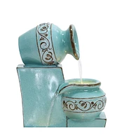 LuxenHome Light Blue 4-Tier Ornate Jugs 2.5-Feet Tall Outdoor Polyresin Fountain with Lights