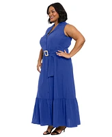 London Times Plus Notched Collar Belted Maxi Shirtdress