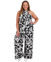 London Times Plus Crisscross Halter Belted Jumpsuit