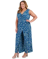 London Times Plus Printed Walk-Through Jumpsuit