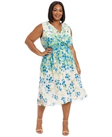 London Times Plus V-Neck Smocked-Waist Midi Dress