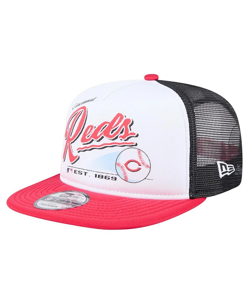 New Era Men's White/Red Cincinnati Reds Retro Script Trucker 9FIFTY Snapback Hat