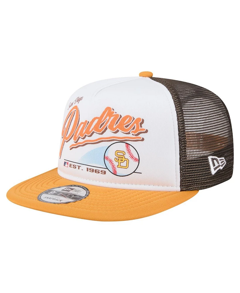 New Era Men's White/Gold San Diego Padres Retro Script Trucker 9FIFTY Snapback Hat