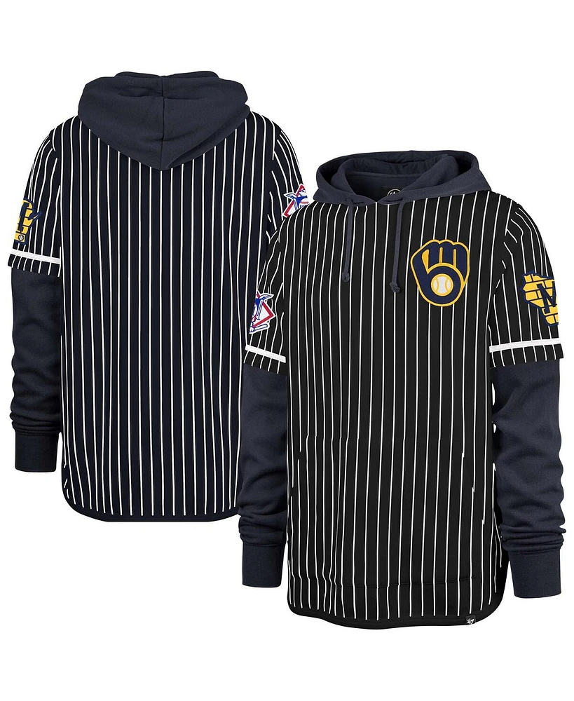 '47 Brand Men's Navy Milwaukee Brewers Pinstripe Double Header Pullover Hoodie