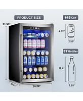 Cowsar Wine Cooler 37 Bottle Freestanding Fridge with Stainless Steel Reversible Glass Door, 145 Can Beverage Refrigerator Quiet Compressor for Home K