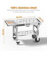 Cowsar Food Grade 304 Stainless Steel Outdoor Grill Table with 4 Swivel Casters, Portable Pizza Oven Table with Hooks, Folding Bbq Grill Cart for Rv/C