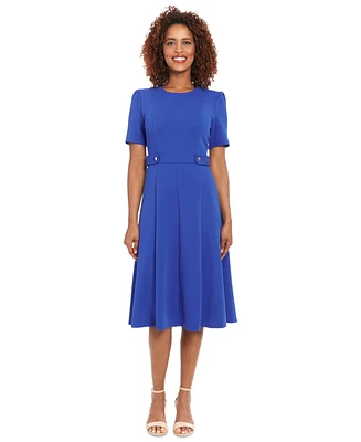 London Times Women's Puff-Sleeve Tab-Detail Fit & Flare Dress