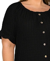 Coin 1804 Plus Eyelet Jersey Button Front Ruffle Sleeve Peasant Top