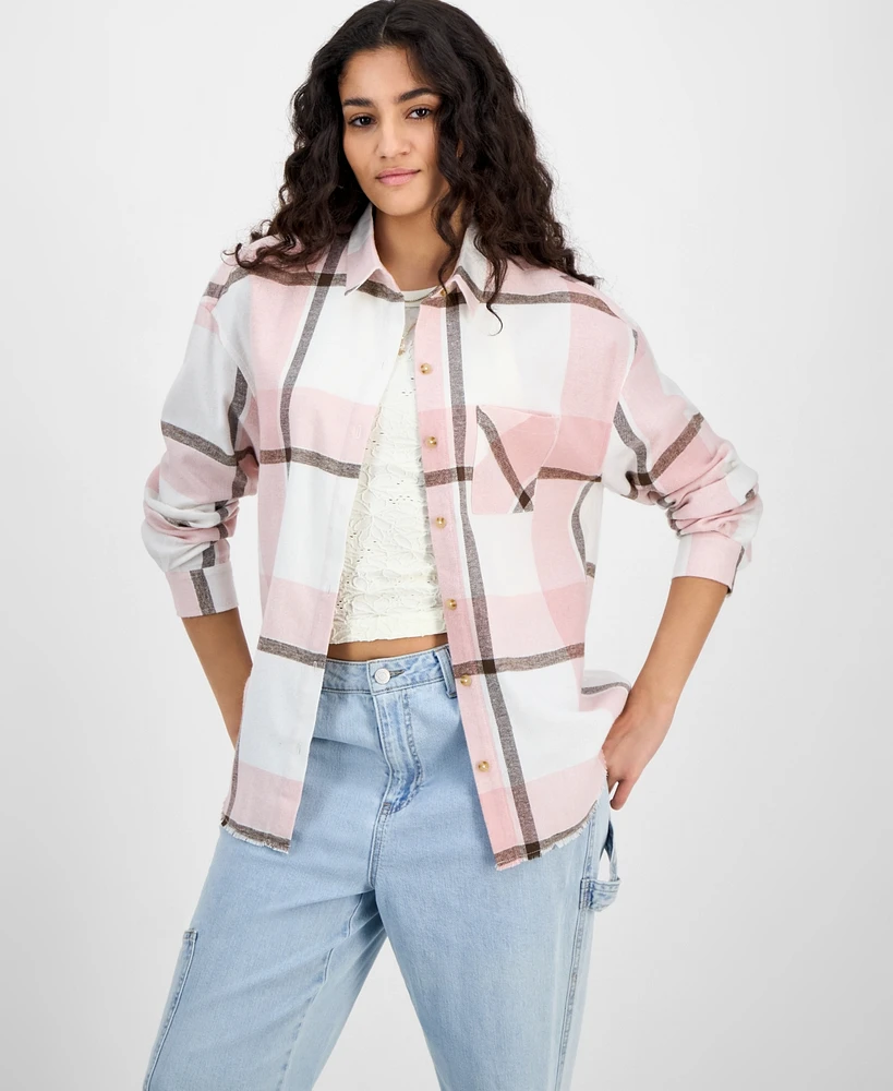 Just Polly Juniors' Girlfriend Frayed-Hem Plaid Shirt
