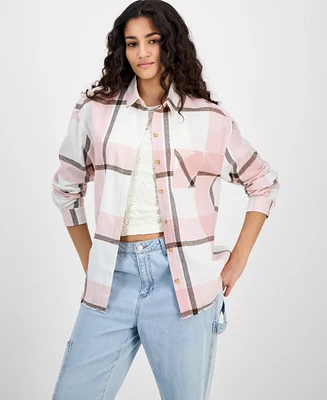 Just Polly Juniors' Girlfriend Frayed-Hem Plaid Shirt