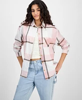 Just Polly Juniors' Girlfriend Frayed-Hem Plaid Shirt