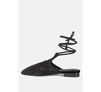 Tutsi Black Handwoven Honeycomb Tie Up Flat Mules