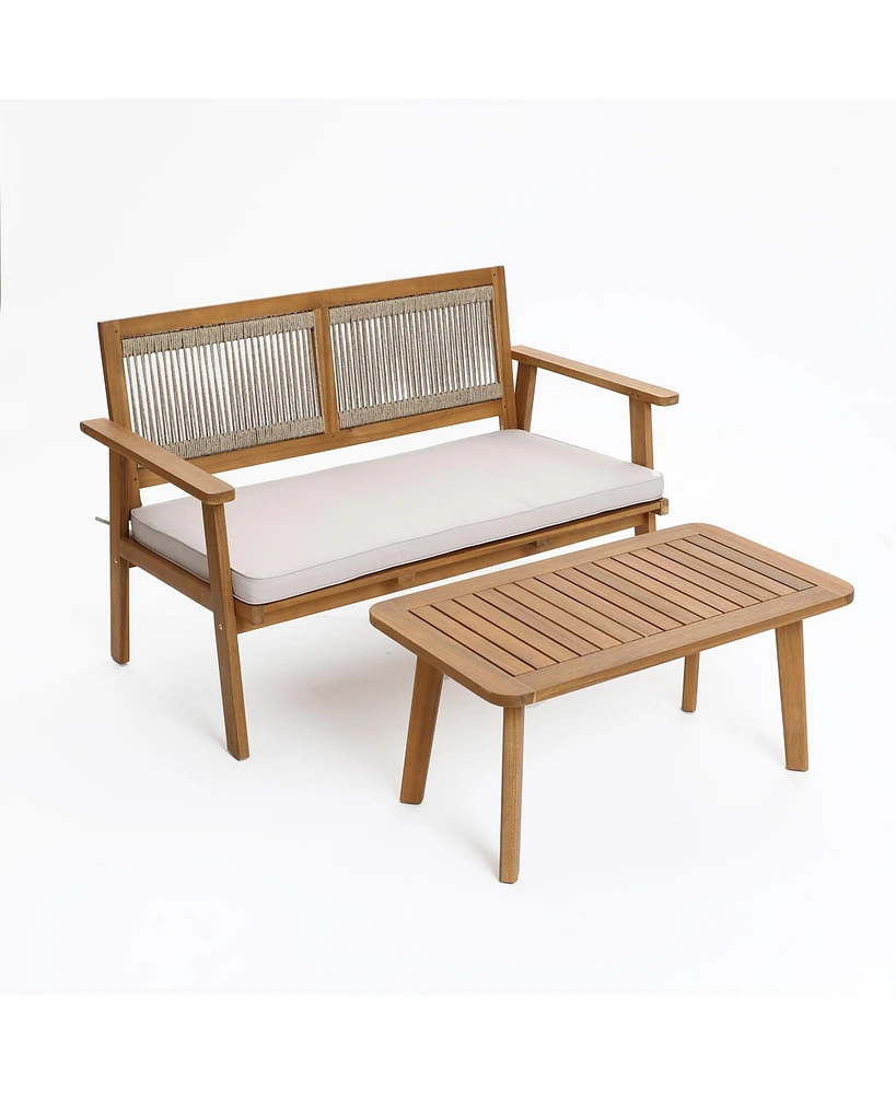LuxenHome Outdoor Acacia Wood Rope Back Loveseat with Cushions and Coffee Table Set