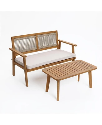 LuxenHome Outdoor Acacia Wood Rope Back Loveseat with Cushions and Coffee Table Set