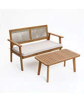 LuxenHome Outdoor Acacia Wood Rope Back Loveseat with Cushions and Coffee Table Set