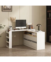 Famapy 47.2 in. L-Shaped White Wood Computer Desk Writing Desk Table Office Workstation W/Moveable Tabletop, Shelves, Drawers