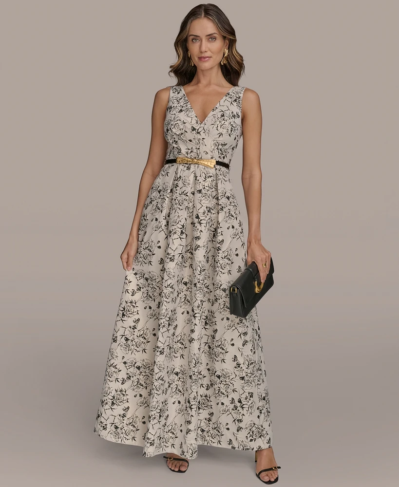 Donna Karan New York Women's Belted V-Neck Jacquard Ball Gown
