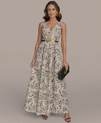 Donna Karan New York Women's Belted V-Neck Jacquard Ball Gown