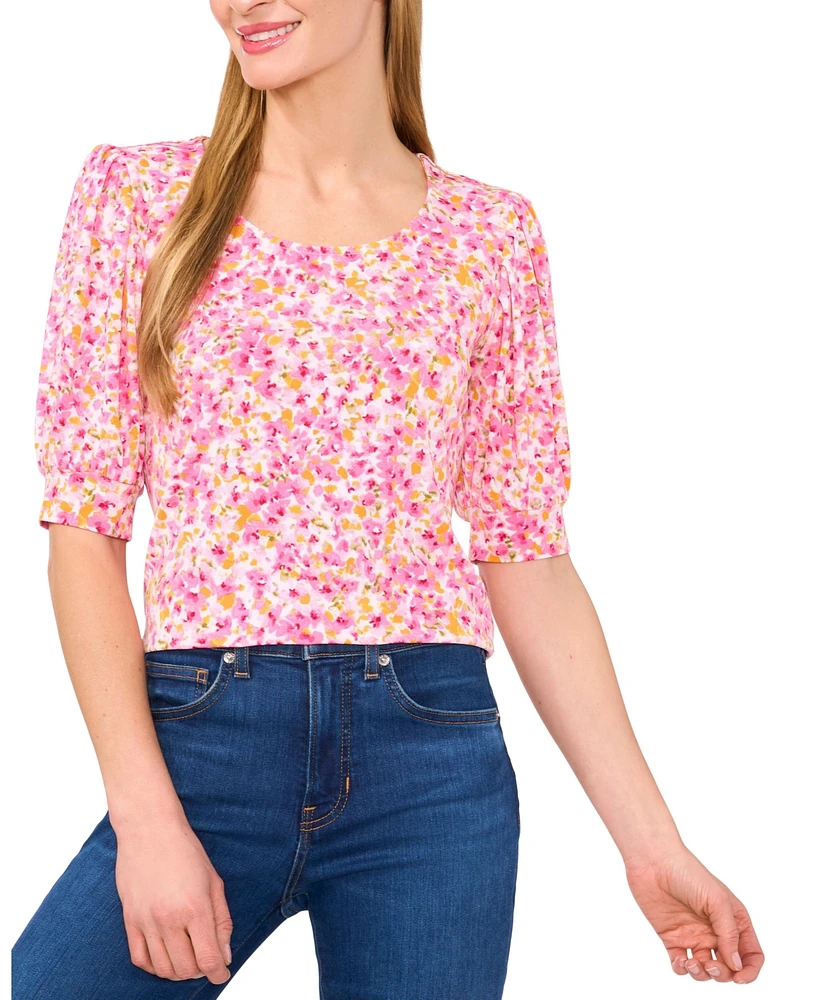 CeCe Women's Crew Neck Shirred Elbow Sleeve Top
