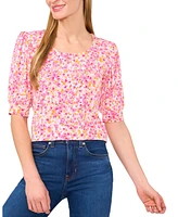 CeCe Women's Crew Neck Shirred Elbow Sleeve Top