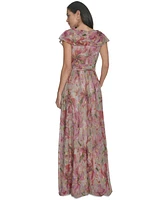 Jessica Howard Petite Extended-Shoulder Tie-Waist Metallic Gown