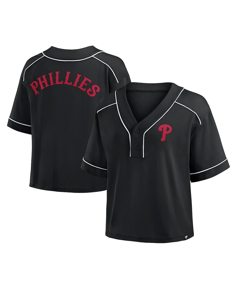 Fanatics Women's Black Philadelphia Phillies Oversized Champ Game Midi Cropped V-Neck T-Shirt