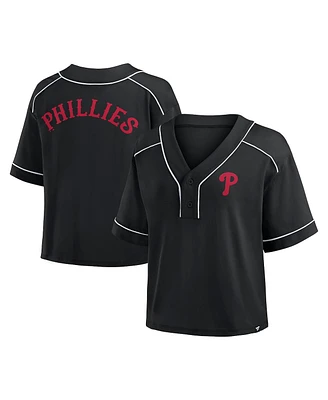 Fanatics Women's Black Philadelphia Phillies Oversized Champ Game Midi Cropped V-Neck T-Shirt