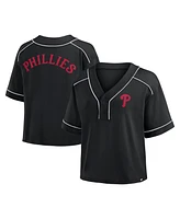 Fanatics Women's Black Philadelphia Phillies Oversized Champ Game Midi Cropped V-Neck T-Shirt