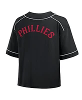 Fanatics Women's Black Philadelphia Phillies Oversized Champ Game Midi Cropped V-Neck T-Shirt