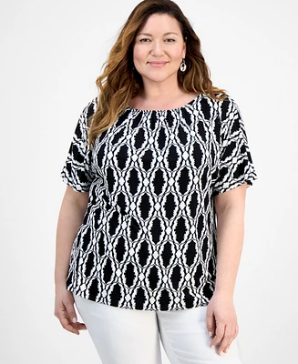Jm Collection Plus Printed Shirred Tee