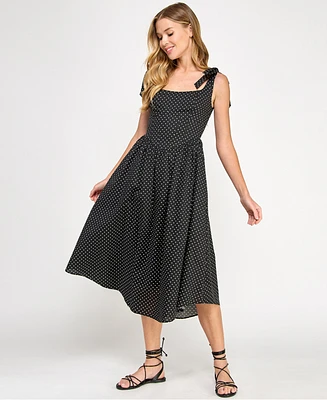 Seni & Cade Juniors' Polka-Dot Shoulder-Tie Midi Dress