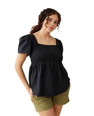 Ingrid + Isabel Maternity Gwen Smocked Woven Top Olive Navy Abstract M