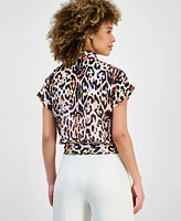 Tahari Asl Women's Printed Short-Sleeve Faux-Wrap Top