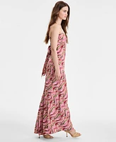 Seni & Cade Juniors' Satin Printed Twist-Front Maxi Dress