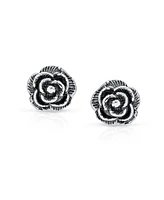 Bling Jewelry Retro Floral Black Rose Stud Earrings in Oxidized Sterling Silver 8MM