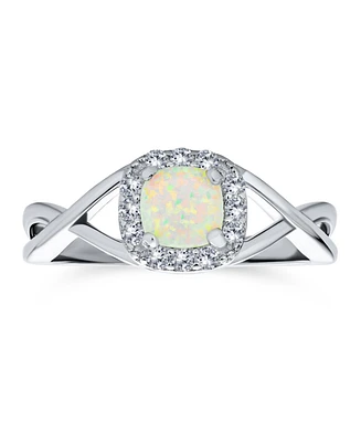Bling Jewelry Delicate Dainty Pave Cz Halo Circle 1CTW Square Solitaire Created White Opal Promise Ring .925 Sterling Silver