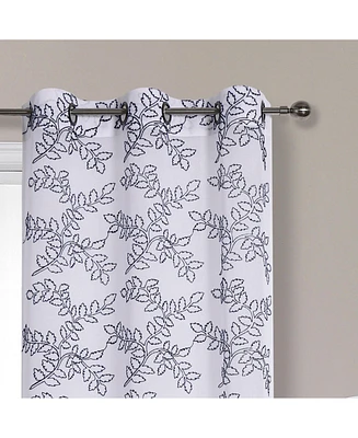 Kate Aurora 2 Piece Embroidered Ethan Floral Leaf Matte Sheer Grommet Top Curtain Panels - 84 in. Long - Navy